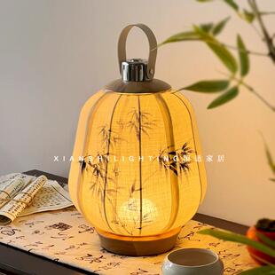 充电台灯卧室床头灯覆古新中式禅意书房古风无线 线手提小夜灯气