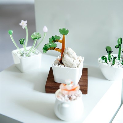 七隐 创意琉璃小多肉仙人掌迎客松办公室玻璃工艺品