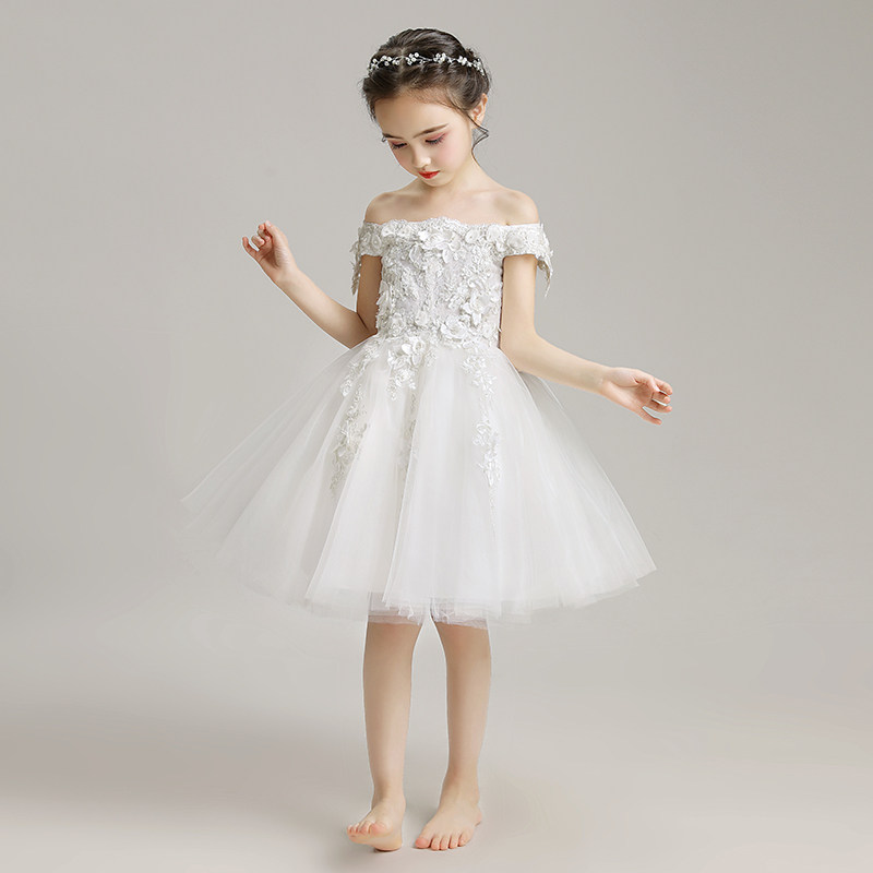 女童一字肩公主裙蓬蓬纱儿童晚礼服婚纱结婚礼裙小花童裙子白色冬