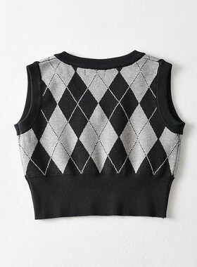 BM MICN~学院风菱格撞色针织衫背心女内搭外穿修身V领毛衣马甲潮