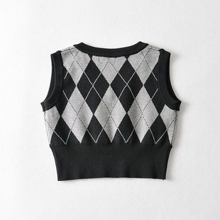 BM MICN~学院风菱格撞色针织衫背心女内搭外穿修身V领毛衣马甲潮