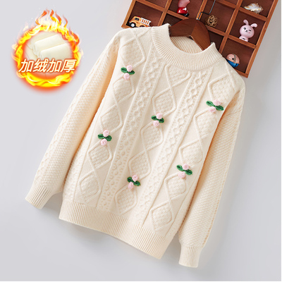 女童毛衣圆领套头2023秋冬针织衫中大童卫生衣打底衫加绒加厚低领