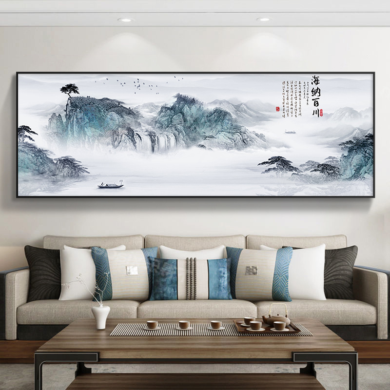 工厂轻奢客厅新中式装饰画山水画背有靠山办公室大气挂画油画布