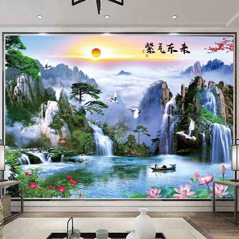 山水画墙贴流水财山水风景装饰画客厅SS061-SS墙墙壁画生背景纸自