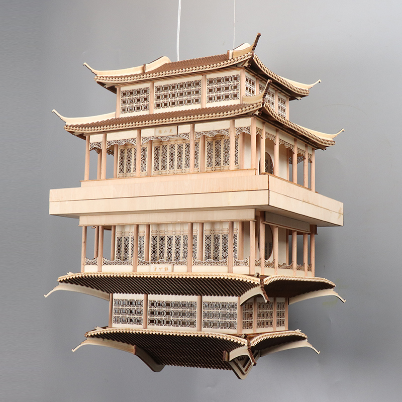 新中式禅意古建筑模型木制工艺品倒影空中楼阁海市蜃楼吊饰售楼部