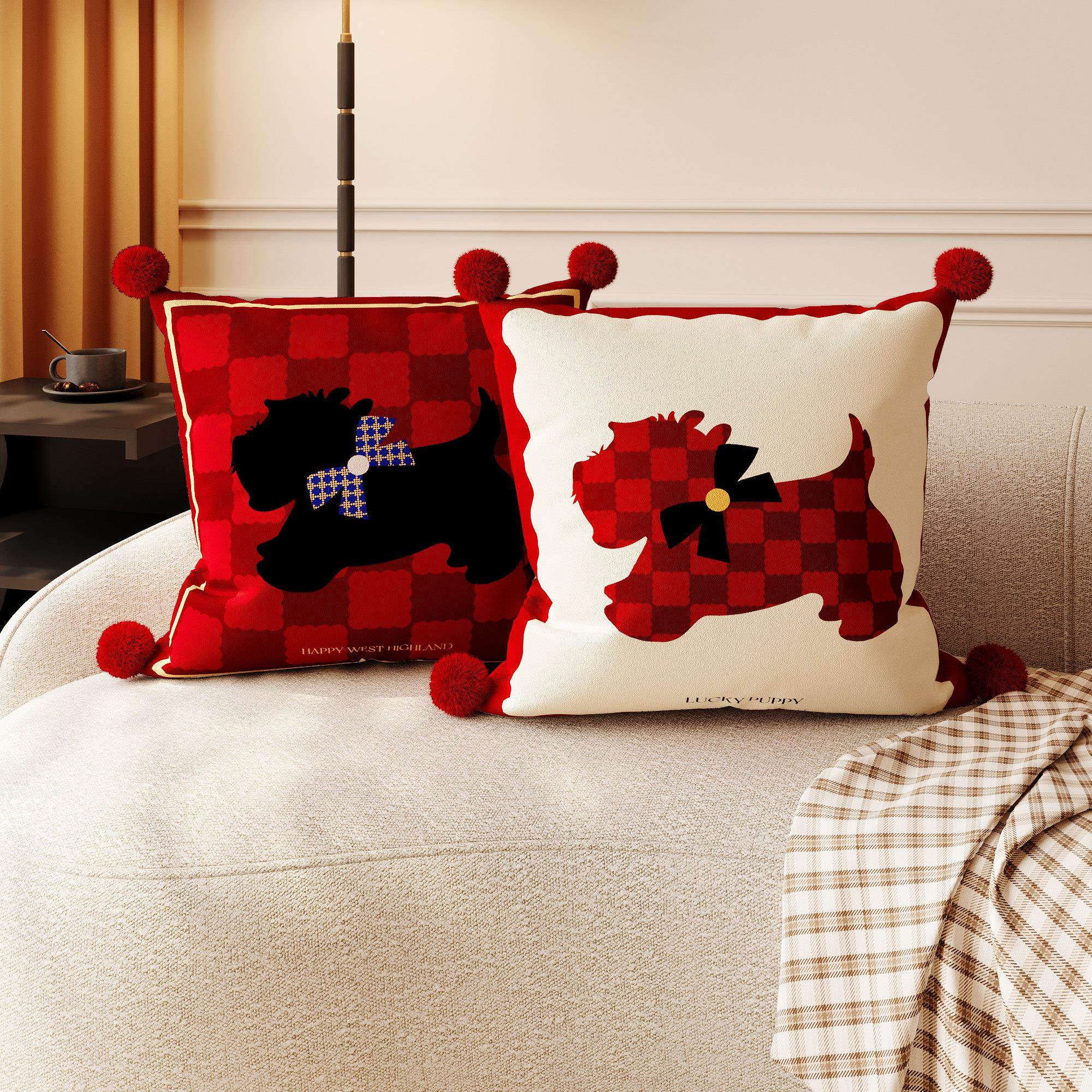 卡通抱枕枕红色床棋形盘格新年FVN沙发靠垫方毛绒套不含芯卧室头