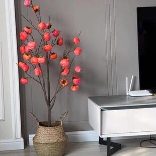 仿真子柿树室内件客真厅假绿植中式落地摆红果子新年装饰213仿盆