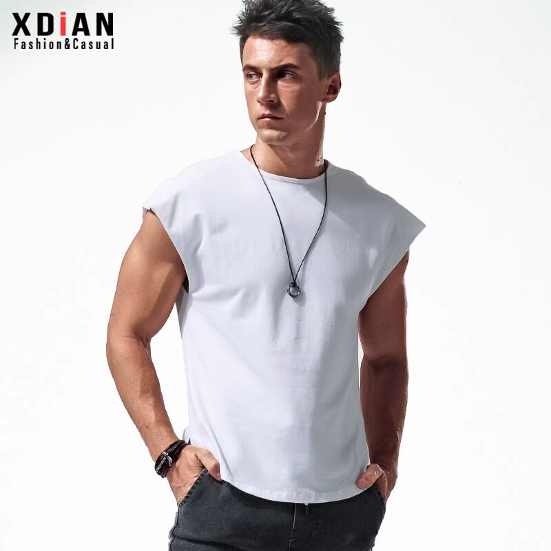 无袖t恤男纯棉健身运动男式休闲宽肩背心夏季痞帅针织毛边宽肩潮