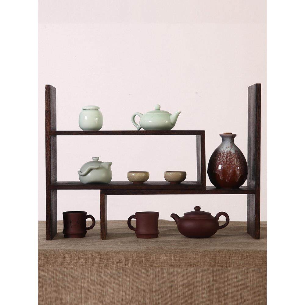 博古架实木功夫茶具茶道摆件禅意茶宠茶艺茶杯架双层置物架花盆