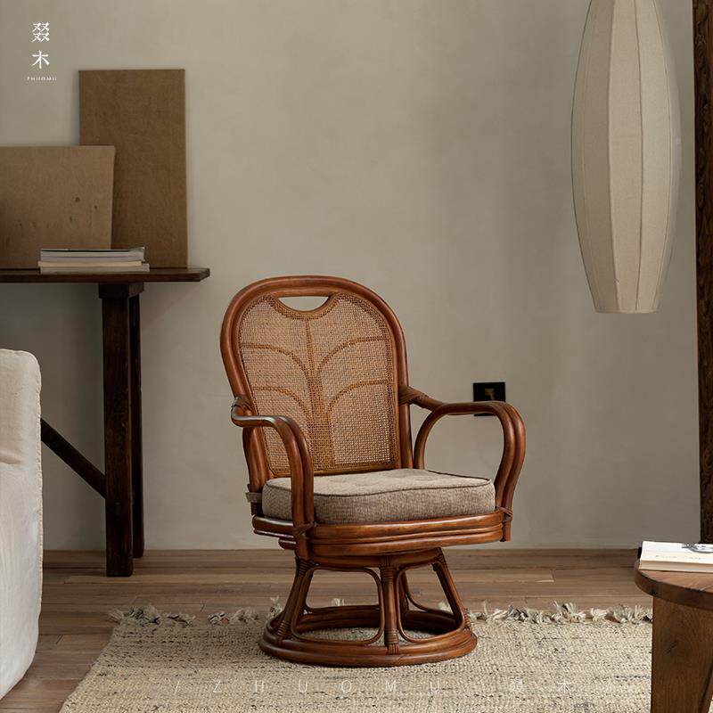 休|东南亚藤艺/日式藤编旋转椅可茶室闲 真扇形转转藤客厅单人小