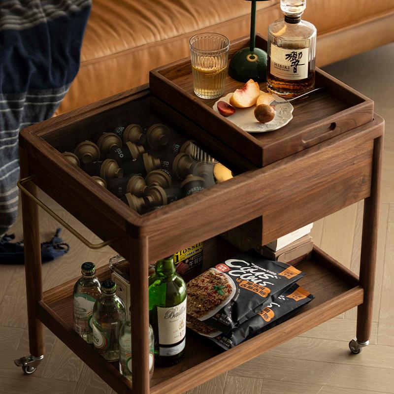 舜木桃作黑胡木边几可移动带轮茶几桌发边小推车北欧实木角凯沙几
