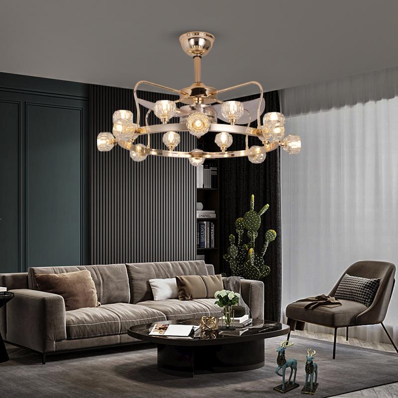 新款饭轻奢水晶风吊灯厅卧室智能语音控制铜变电机六扇档频