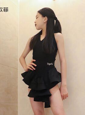 两拉丁舞服练夏季件式背挂颈露双层百褶裙女童高级感功YLA24082服