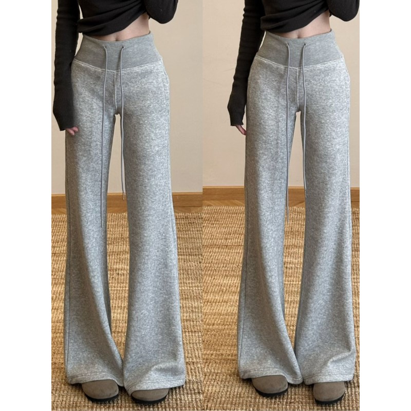 大码韩系灰色高腰抽绳微喇休闲裤女春季新款修身显瘦阔腿拖地裤子