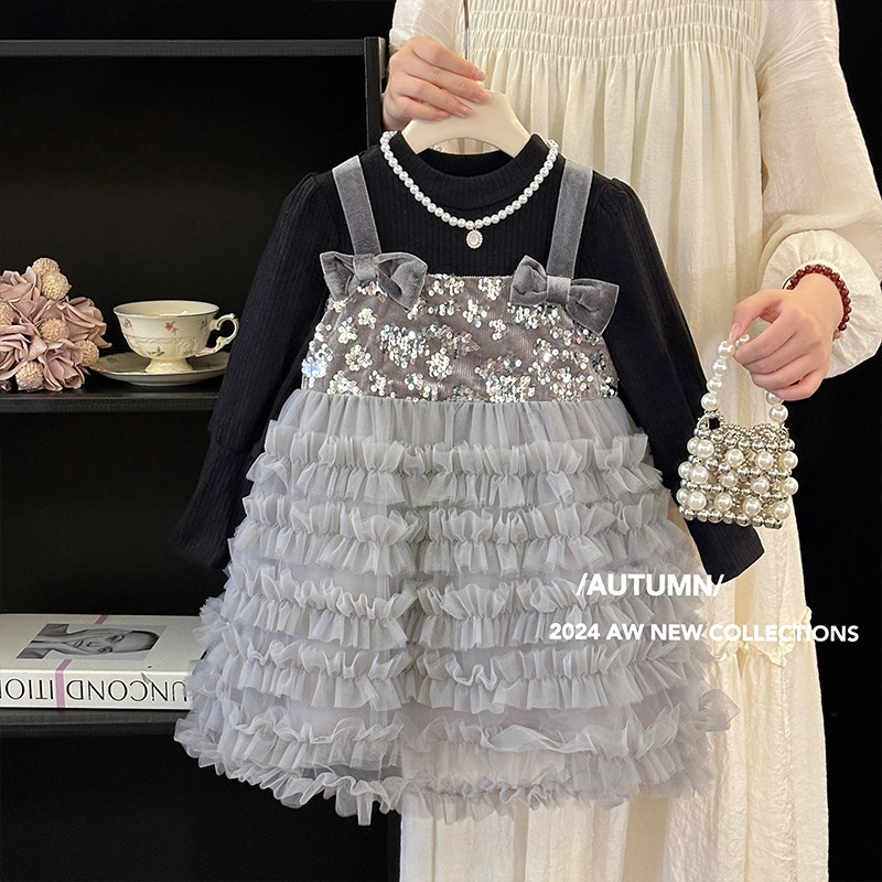 女童连衣裙春秋2024新款儿童高级感蛋糕裙亮片礼服洋气黑色公主裙
