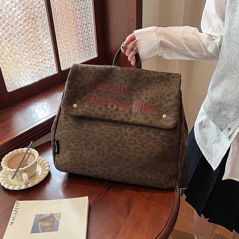 豹纹包包女2025新款时尚学院风双肩背包大容量书包休闲旅行通勤包