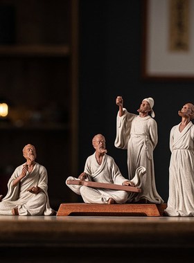 古代历史人物茶圣陆羽伯牙抚琴李白雕塑像书房桌面禅意紫砂陶摆件