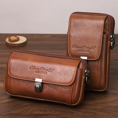 手机包腰包男真皮手机套男士腰带包老年复古穿皮带牛皮干活工地