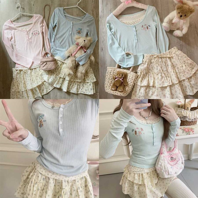 甜妹假两件蕾丝U领打底衫女秋季小碎花甜美可爱长袖T恤内搭短上衣