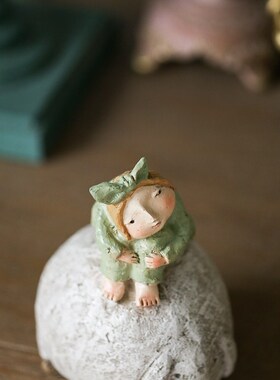 仿粗陶摆件 复古做旧可爱创意美式D乡村超萌女孩 骑绵羊的睡衣少