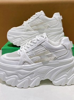 白色网鞋厚底f老爹鞋女款夏季2024新款网红秋款透气增高松糕运动