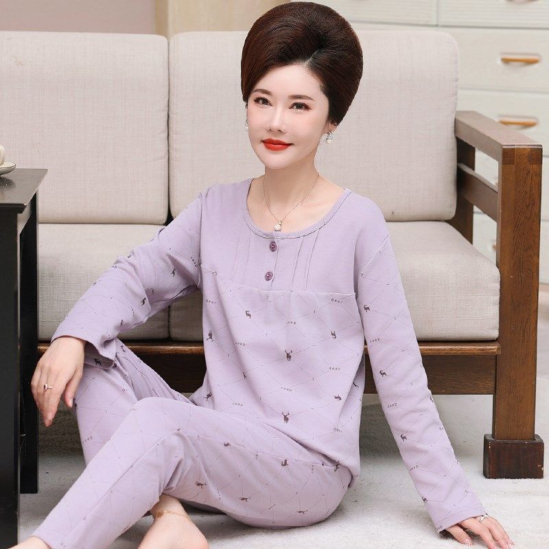 妈妈睡衣秋季薄款纯棉长袖套头中年人妇女士休闲家T居服秋冬款大