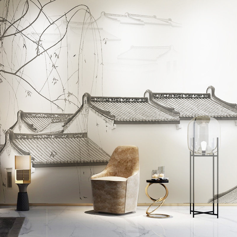 新中式江南民居电视背景墙壁纸5d意境建筑墙纸沙发影视墙立体壁画