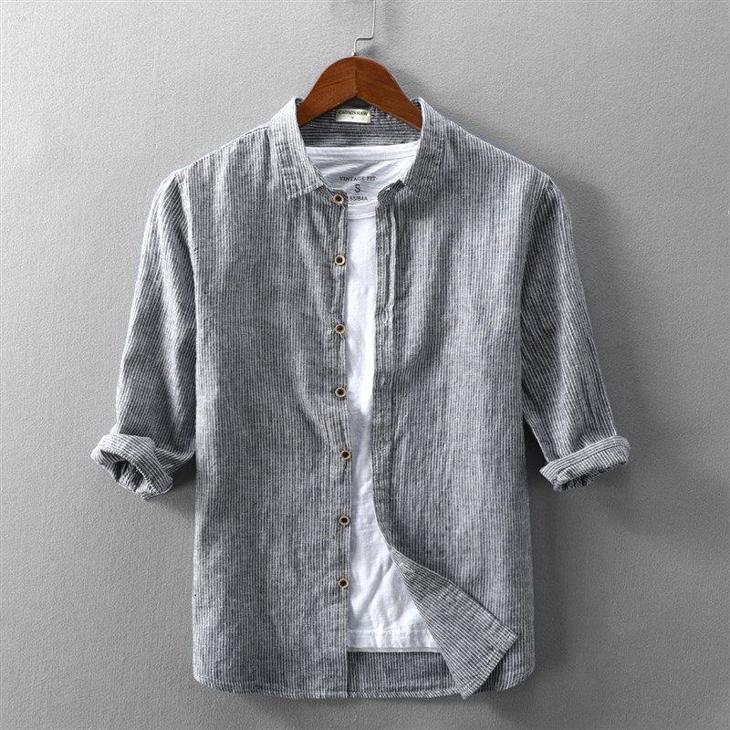 夏季七分袖亚麻衬衫男士条纹宽松棉麻衬衣薄款短袖休闲夏装上衣男