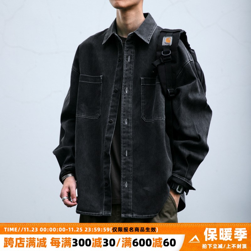 日系复古水洗质感工装衬衫男长袖新款宽松纯棉翻领衬衣休闲外套潮