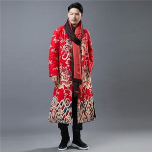 秋冬新款民族风男装龙纹唐装加长款薄款棉服休闲宽松中式盘扣风衣