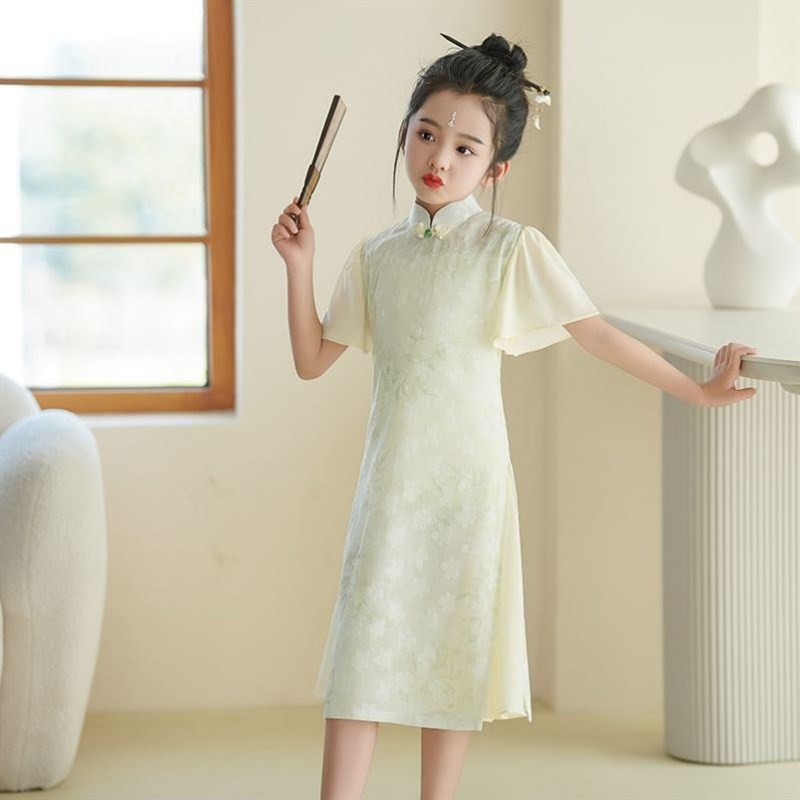 小女孩新中式旗袍新中式儿童夏季女童改良荷叶袖公主裙小女孩礼服