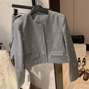 S新品 贵气千金 秋季 套装 百褶裙两件套 重工串珠亮片刺绣花灰色西装