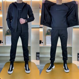 T819男士春季新m款休闲运动卫衣套装潮流百搭男装时尚弹力三件套