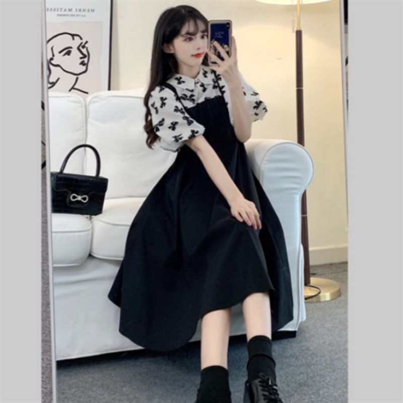 女大童假两件背带裙夏季13岁初中生15宽松大码学院风灯笼袖连衣裙