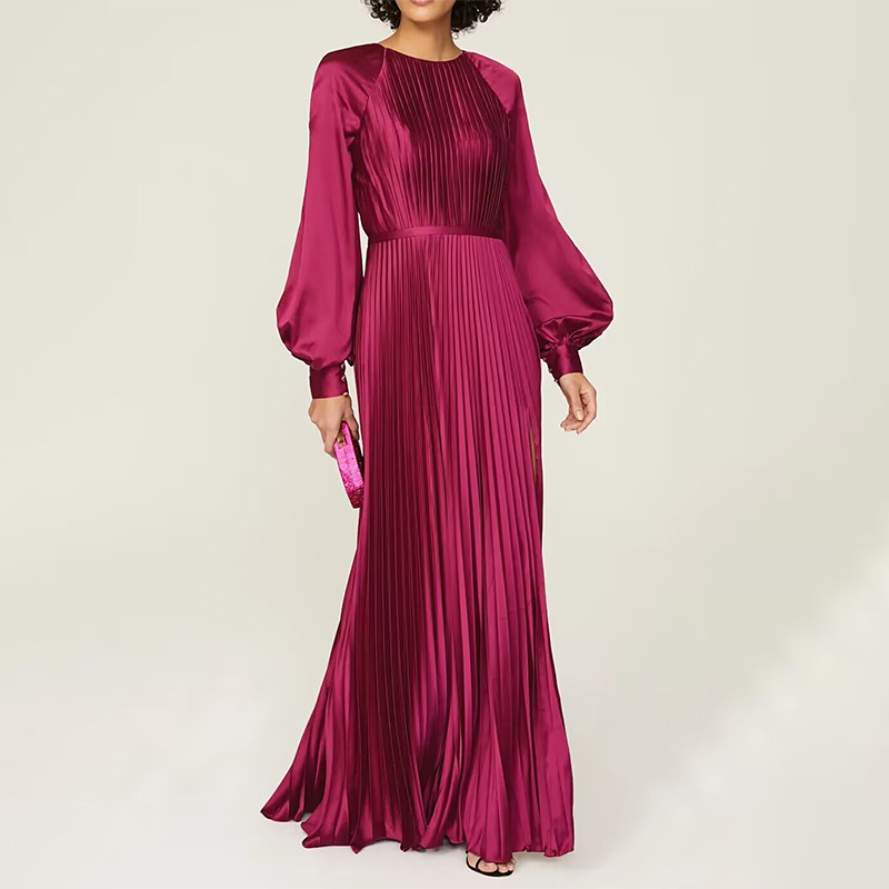 绝美重工洋装酒红色复古高端礼服奢华百褶长裙缎面气质精致女