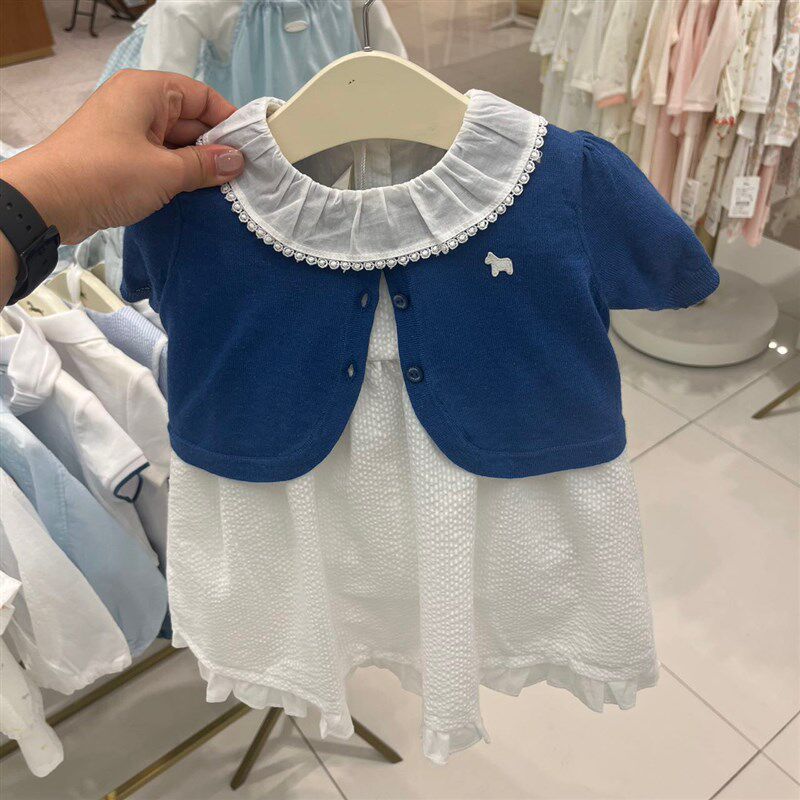 韩国童装 25夏女宝时尚洋气白色公主裙 针织披肩外套短裤三件套装