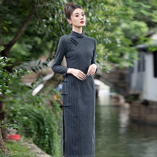 复古民国风长袖条n纹旗袍秋季新款书卷气显瘦日常长袖连衣裙