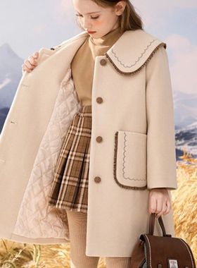 秋冬加厚女童呢子外套小女孩毛呢大衣新年装儿童中长版夹棉风衣潮