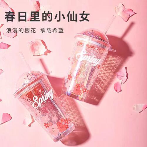 日式樱花网红玻璃杯星空盖吸管杯女生吸管高颜值刻度杯玻璃水杯