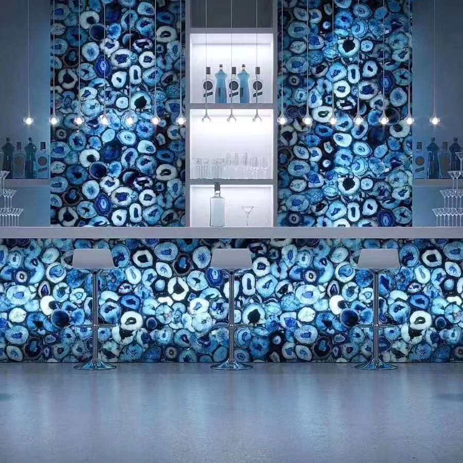 蓝色玛瑙石艺术板 云石灯片蓝色透光石橱窗背景 水晶天然透光板