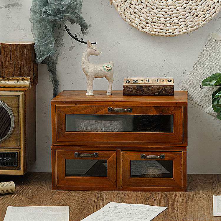 复古桌面电脑显示器增高架单层木制收纳盒玻璃抽屉式梳妆台木盒