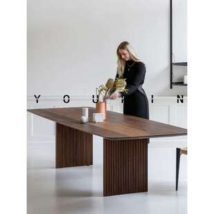 轻奢黑胡桃木长方形餐桌家用北欧全实木书桌意式极简原木大板长桌