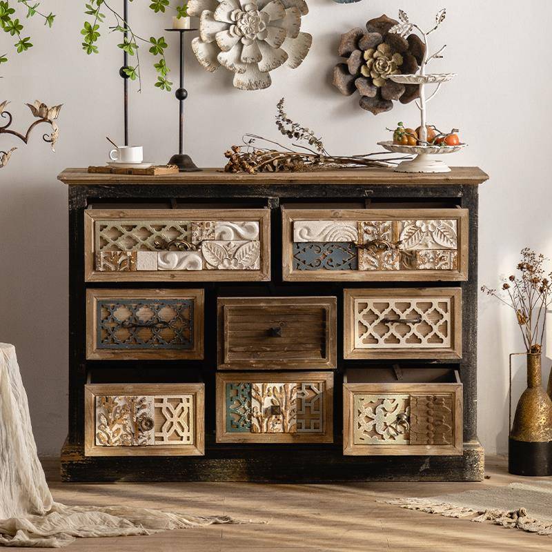 美式覆古做旧实木八斗柜民宿入户玄关柜客厅装饰雕花收纳柜收纳柜