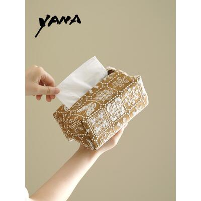 YANA亚纳 高级感日式覆古布艺纸巾盒卧室桌面抽纸盒好看的纸巾套