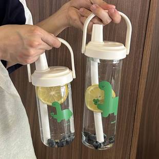 高硼硅大容量奶茶玻璃水杯子新款2025女生小恐龙粗吸管高颜值便携