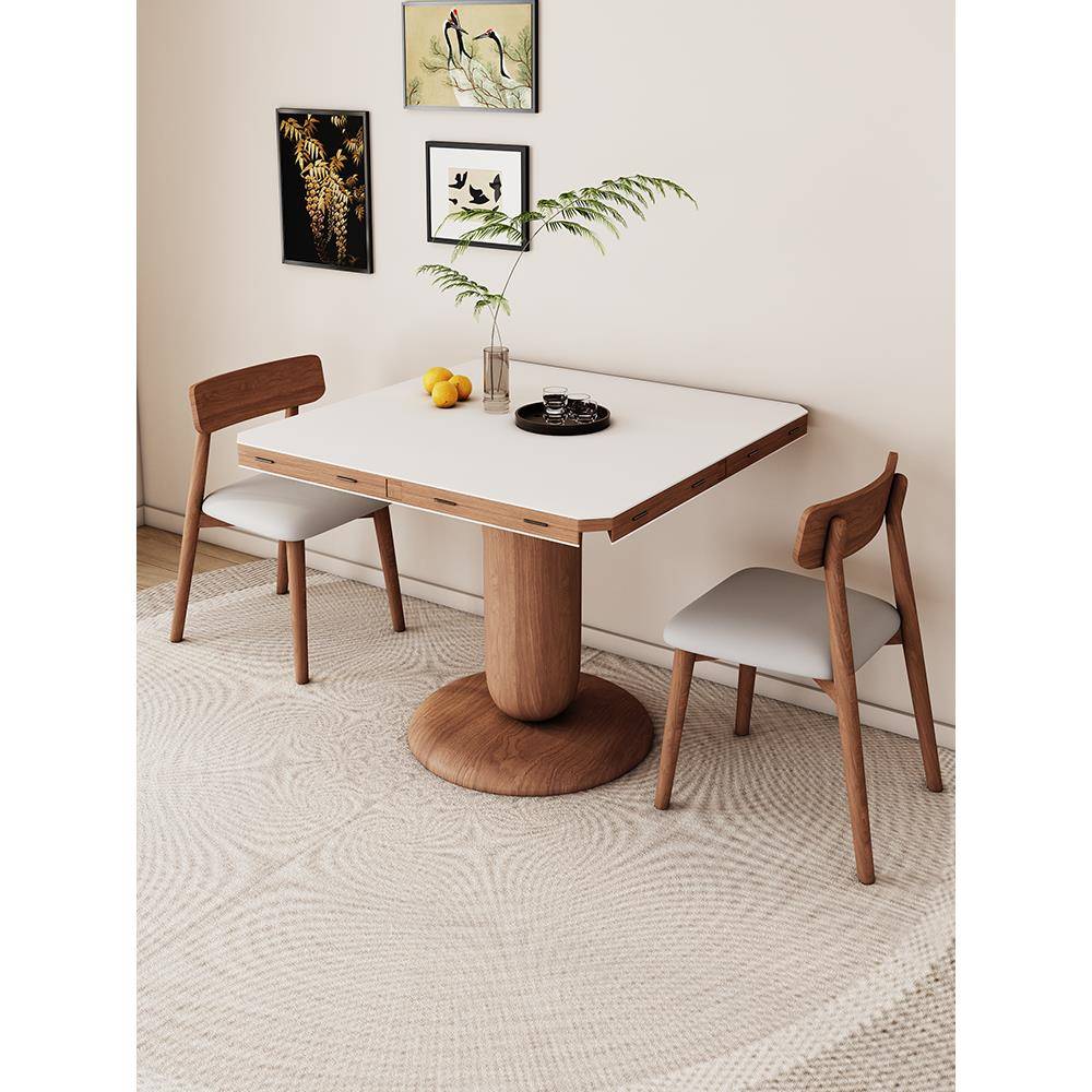 奶油原木风格简单折叠板岩实木餐桌和椅子组合家庭小公寓餐厅客厅