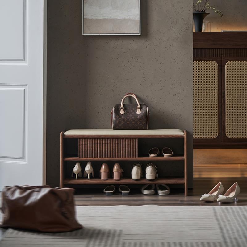 实木换鞋凳家用门口入户进门鞋架可坐穿鞋凳黑胡桃木一体软垫鞋柜