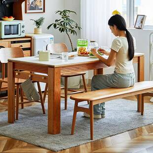 一刻木器实木岩板餐桌北欧小户型带抽屉餐厅饭桌樱桃木奶油风长桌