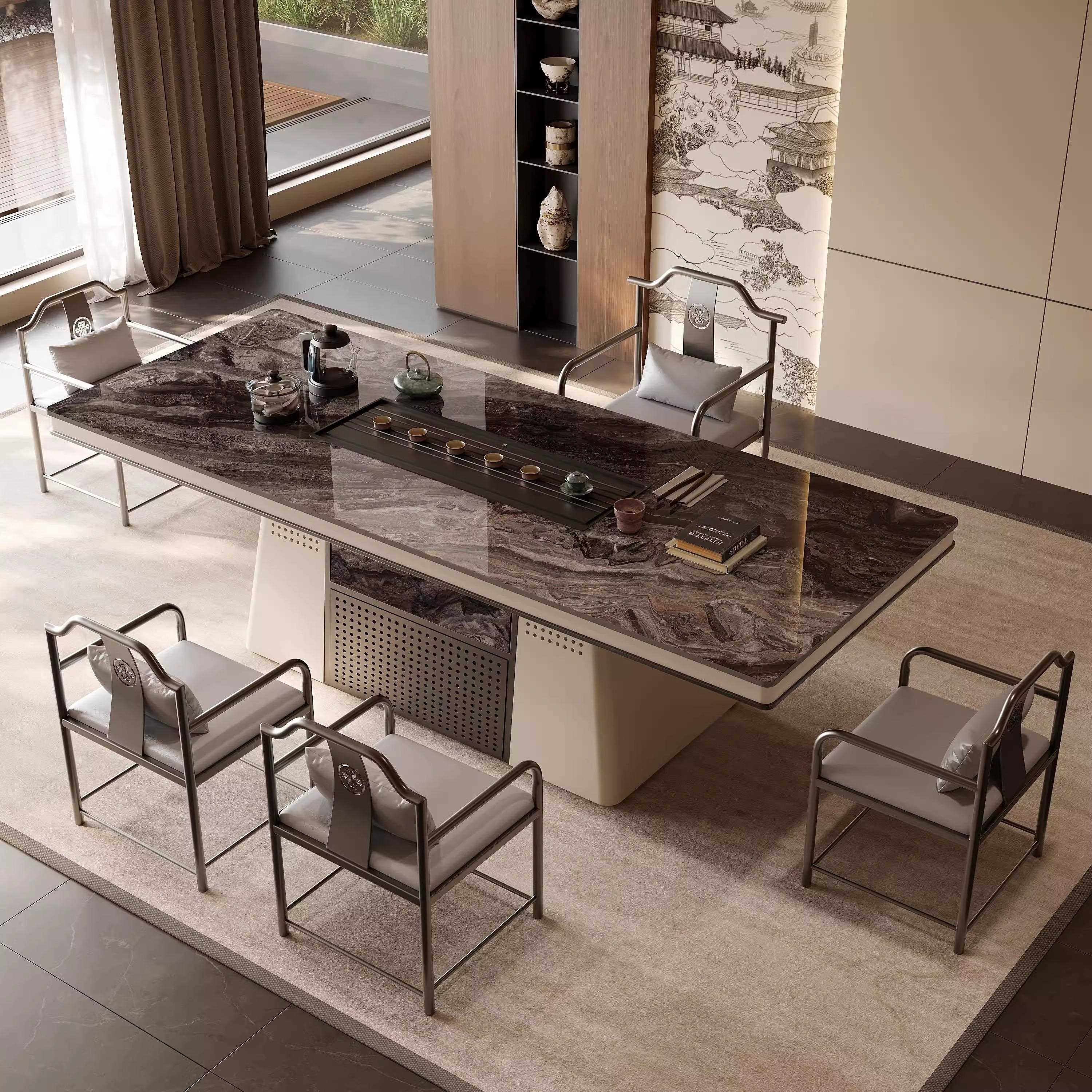 奢石岩板茶台轻奢现代高级感家用办公茶桌椅组合烧水泡茶一体茶几
