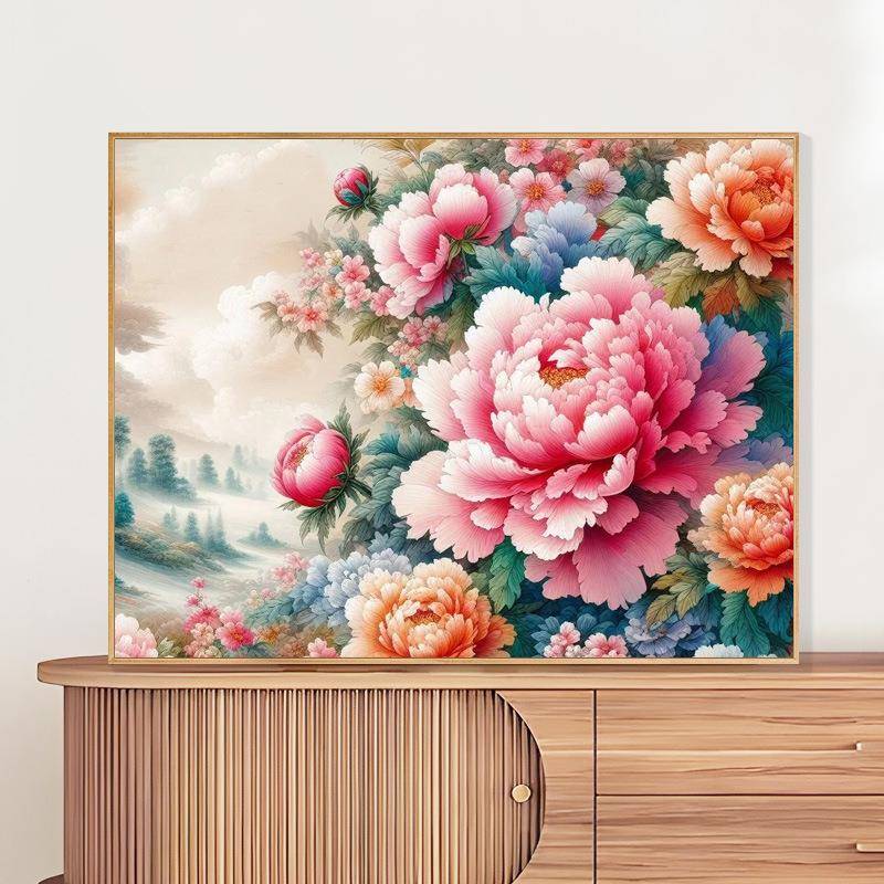 新中式装饰画diy数字油画牡丹花卉填充油彩画填色丙烯画手工礼物图片